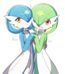  2girls alternate_color bangs blue_hair blue_skin blush blush_stickers bob_cut character_name cheek-to-cheek closed_mouth collar colored_skin commentary eyebrows_visible_through_hair eyes_visible_through_hair flat_chest gardevoir gen_3_pokemon green_hair green_skin hair_over_one_eye hand_up happy heart heart_in_eye holding_hands interlocked_fingers looking_at_viewer lotosu mega_stone multicolored multicolored_skin multiple_girls one_eye_closed open_mouth orange_eyes pokemon pokemon_(creature) red_eyes shiny shiny_hair shiny_pokemon short_hair simple_background smile standing star_(symbol) star_in_eye symbol_in_eye symmetry two-tone_skin white_background white_skin yuri 