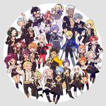  6+boys 6+girls :d ;d annette_fantine_dominic arrow_(projectile) ashe_ubert balthus_von_albrecht bernadetta_von_varley black_hair blonde_hair blue_hair blush bow_(weapon) brown_eyes caspar_von_bergliez claude_von_riegan closed_eyes constance_von_nuvelle dedue_molinaro dimitri_alexandre_blaiddyd do_m_kaeru dorothea_arnault edelgard_von_hresvelg everyone facial_hair felix_hugo_fraldarius ferdinand_von_aegir fire_emblem fire_emblem:_three_houses full_body garreg_mach_monastery_uniform glasses green_eyes green_hair grey_background grey_hair hairband hapi_(fire_emblem) hilda_valentine_goneril hubert_von_vestra ignatz_victor ingrid_brandl_galatea leonie_pinelli linhardt_von_hevring lorenz_hellman_gloucester lysithea_von_ordelia marianne_von_edmund mercedes_von_martritz midriff multiple_boys multiple_girls one_eye_closed open_mouth orange_hair petra_macneary pink_eyes polearm purple_eyes purple_hair raphael_kirsten red_hair round_eyewear skirt smile spear sylvain_jose_gautier weapon white_background white_hair yuri_leclerc 