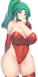  1girl breasts elbow_gloves final_fantasy final_fantasy_vi gloves green_hair highleg highleg_leotard large_breasts leotard looking_at_viewer nagase_haruhito red_gloves red_leotard simple_background smile solo strapless strapless_leotard thighhighs thighs tina_branford 