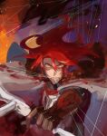  1boy black_gloves blood bloody_clothes bow_(weapon) cape failnaught_(fate) fate/grand_order fate_(series) fire gloves holding holding_bow_(weapon) holding_weapon long_hair male_focus mouth_hold red_hair royst string tristan_(fate) weapon yellow_eyes 