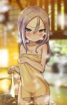  1girl absurdres bangs blurry blurry_background blush breasts brown_eyes closed_mouth commentary_request depth_of_field hair_between_eyes highres long_hair looking_at_viewer naked_towel nose_blush note2000 parted_bangs purple_hair small_breasts solo soredemo_ayumu_wa_yosetekuru standing steam towel water wavy_mouth yaotome_urushi 