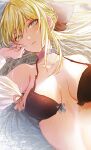  1girl black_bra black_ribbon blonde_hair blue_nails bow bow_bra bra braid breasts choker commentary eyebrows_visible_through_hair fate/grand_order fate_(series) french_braid grey_eyes hair_ribbon halterneck highres lace-trimmed_bra lace_trim long_hair looking_at_viewer lying march_ab morgan_le_fay_(fate) nail_polish on_back parted_lips ribbon sidelocks solo underwear 