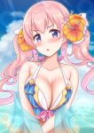  1girl absurdres bikini bikini_top blue_bikini blue_sky breasts cleavage cloud collarbone commentary_request day eyebrows_visible_through_hair flower hair_flower hair_ornament highres large_breasts long_hair looking_at_viewer ocean pink_hair princess_connect! purple_eyes sky solo swimsuit tsumugi_(princess_connect!) twintails upper_body yue_(show-ei) 