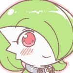  1girl bangs blush blush_stickers bob_cut closed_mouth collar colored_skin commentary eyebrows_visible_through_hair face gardevoir gen_3_pokemon green_hair green_skin gyate_gyate hair_over_one_eye happy icon lotosu lowres mega_stone meme multicolored multicolored_skin outline pink_outline pokemon pokemon_(creature) red_eyes shiny shiny_hair short_hair simple_background smile solo two-tone_skin white_background white_skin 