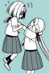  2girls :d bangs blue_background blunt_bangs blush commentary_request embarrassed facing_another flying_sweatdrops from_side hair_ornament hair_scrunchie hairband hairclip happy highres hitoribocchi_no_marumaru_seikatsu katsuwo_(cr66g) kurai_kako lifting_another long_hair looking_at_another multiple_girls open_mouth partially_colored pleated_skirt profile sailor_collar school_uniform scrunchie serafuku shirt shoes short_hair short_sleeves simple_background skirt smile socks sotoka_rakita split_mouth standing twintails uwabaki very_long_hair 