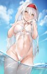  1girl alternate_costume areola_slip areolae blue_sky breasts cameltoe casual_one-piece_swimsuit cloud covered_nipples day headband highres kantai_collection large_breasts long_hair navel one-piece_swimsuit outdoors partially_submerged red_headband see-through shoukaku_(kancolle) sky solo swimsuit tororo_ten white_hair white_swimsuit yellow_eyes 