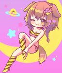  1girl :3 animal_ears animal_print arm_behind_head bandeau braid breasts brown_eyes brown_hair cleavage cosplay crescent dog_ears dog_girl dog_tail full_body hair_ornament hololive horns inugami_korone kneehighs lightning_bolt_hair_ornament lightning_bolt_symbol listener_(inugami_korone) lum lum_(cosplay) marshmallow_mille medium_breasts one_eye_closed oni_horns smile solo star_(symbol) tail tiger_print twin_braids urusei_yatsura 