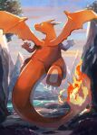  charizard claws closed_mouth cloud day fire flame flying from_behind gen_1_pokemon green_eyes highres mo~zu no_humans outdoors pokemon pokemon_(creature) sky smile solo symbol_commentary 