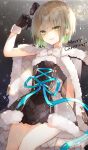  1boy bangs black_gloves blunt_bangs blush bob_cut bow brown_hair cape dress fur_trim gloves green_eyes green_hair gretel_(sinoalice) hair_bow highres looking_at_viewer male_focus mcmcmococo merry_christmas multicolored_hair otoko_no_ko parted_lips ribbon sinoalice smile snowflakes solo two-tone_hair 