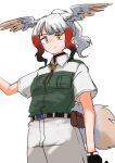  1girl absurdres alternate_hairstyle bird_girl bird_tail bird_wings black_gloves black_hair blush collared_shirt commentary_request cowboy_shot eyebrows_visible_through_hair gloves green_shorts grey_shirt grey_shorts head_wings highres hozumi_sousei japanese_crested_ibis_(kemono_friends) kemono_friends kemono_friends_3 khakis looking_at_viewer neckwear official_alternate_costume orange_eyes ponytail red_hair shirt short_hair short_sleeves shorts sidelocks solo t-shirt tail two-tone_shirt uniform white_hair wings 