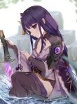  1girl bangs blurry blurry_background blush braid capelet closed_mouth commentary english_commentary from_side genshin_impact hair_ornament highres holding holding_sword holding_weapon japanese_clothes kimono long_hair nail_polish purple_eyes purple_hair purple_nails raiden_(genshin_impact) ribbon sash senro sitting solo sword symbol_commentary tassel thighhighs twitter_username water weapon 