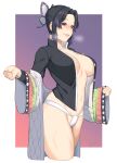  1girl black_hair black_jacket blush border breasts brown_eyes butterfly_hair_ornament cowboy_shot dyun fundoshi gradient gradient_background hair_ornament haori highres jacket japanese_clothes kimetsu_no_yaiba kochou_shinobu large_breasts looking_at_viewer multicolored_hair navel no_bra off_shoulder open_clothes open_jacket purple_background purple_hair seductive_smile short_hair smile solo standing sweat two-tone_hair white_border 