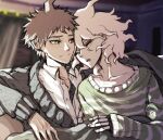  2boys alternate_costume bangs brown_eyes closed_eyes closed_mouth collarbone danganronpa_(series) danganronpa_2:_goodbye_despair heterochromia hinata_hajime indoors komaeda_nagito leaning_on_person male_focus mechanical_arms multiple_boys open_mouth red_eyes shirt single_mechanical_arm sitting sleeves_past_wrists smile striped upper_teeth white_shirt yandr4hope yaoi 