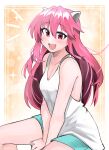  1girl :d absurdres animal_ears bangs cat_ears elfen_lied eyebrows_visible_through_hair hair_between_eyes highres horns kumaartsu long_hair looking_at_viewer lucy_(elfen_lied) open_mouth pink_eyes pink_hair shirt shorts sleeveless smile solo white_shirt 