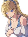  1girl bangs bare_shoulders blonde_hair blouse blue_eyes blunt_bangs blush breasts chiharu_(9654784) cleavage clothes_pull collarbone commentary_request detached_sleeves eyebrows_visible_through_hair frilled_sleeves frills highres karuizawa_kei long_hair looking_at_viewer medium_breasts ponytail pulled_by_self scrunchie shirt_pull sidelocks simple_background solo tank_top teasing tongue tongue_out upper_body white_background white_blouse youkoso_jitsuryoku_shijou_shugi_no_kyoushitsu_e 
