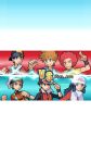  1girl 5boys afro backwards_hat bangs baseball_cap beanie black_choker black_hair black_shirt blue_oak bracelet brendan_(pokemon) brown_hair choker clenched_hand closed_mouth coat commentary dawn_(pokemon) english_commentary ethan_(pokemon) flint_(pokemon) grey_eyes hand_up hat hyo_oppa jacket jewelry multiple_boys pixel_art pokemon pokemon_(game) pokemon_dppt pokemon_hgss pokemon_masters_ex pokemon_oras pokemon_platinum red_(pokemon) red_coat red_hair red_headwear red_jacket scarf shirt short_hair sleeveless_coat smile spiked_hair twitter_username white_headwear white_scarf wristband yellow_shirt 