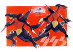  black_sclera claws colored_sclera garchomp gen_4_pokemon highres legs_apart mo~zu multiple_views no_humans open_mouth pokemon pokemon_(creature) sharp_teeth spikes standing symbol_commentary teeth tongue translation_request yellow_eyes 