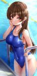  1girl absurdres blue_swimsuit blush breasts brown_eyes brown_hair closed_mouth collarbone commentary_request competition_swimsuit covered_navel eyebrows_visible_through_hair furong_(furong_0) highleg highleg_swimsuit highres idolmaster idolmaster_cinderella_girls idolmaster_cinderella_girls_starlight_stage large_breasts long_hair nitta_minami one-piece_swimsuit pool smile solo swimsuit water wet 