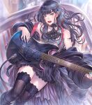  1girl bangs belt black_dress black_hair black_legwear blue_eyes dress final_fantasy final_fantasy_xiv gaia_(ff14) gothic guitar hyur instrument licking_lips long_hair long_sleeves looking_at_viewer nariann off_shoulder red_lips solo tank_top thighhighs tongue tongue_out wide_sleeves 