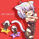  &gt;_o 1girl 2others :3 ahoge animal_ears breasts cat_ears cat_girl cat_tail double_v hololive hot_limit marshmallow_mille medium_breasts multiple_others nekomata_okayu one_eye_closed onigirya_(nekomata_okayu) purple_eyes purple_hair red_background shadow tail v 