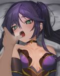  1boy 1girl bangs bare_shoulders black_choker blush breasts choker collarbone detached_sleeves eyebrows_visible_through_hair finger_in_mouth flasso genshin_impact green_eyes heart heart-shaped_pupils highres long_hair looking_at_viewer lying medium_breasts mona_(genshin_impact) on_back open_mouth purple_hair saliva saliva_trail skindentation solo_focus symbol-shaped_pupils upper_body 