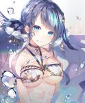  1girl air_bubble bikini blue_eyes blue_hair breasts bubble choker cleavage crying crying_with_eyes_open fins hair_ornament hairclip hand_on_own_chest highres long_hair looking_at_viewer mcmcmococo medium_breasts ningyo_hime_(sinoalice) sad sidelocks sinoalice solo swimsuit tears twintails water 