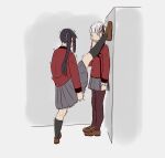  2girls blush braid character_request crispykodraws english_commentary foot_against_wall hand_on_own_chin hyakkaou_academy_uniform kakegurui momobami_kirari multiple_girls split standing standing_on_one_leg standing_split twin_braids wall_slam white_hair yuri 