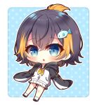  1girl :o bangs black_hair black_hoodie blue_eyes blush chibi eyebrows_visible_through_hair fish_hair_ornament hair_behind_ear hair_ornament hood hoodie multicolored_hair nijisanji nijisanji_en open_mouth orange_hair petra_gurin sailor_collar short_hair solo streaked_hair two-tone_hoodie virtual_youtuber white_hoodie yukiyuki_441 