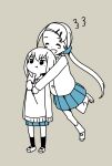  2girls :d :t ^_^ alternate_height annoyed bangs blazer blue_scrunchie blue_skirt blush buttons closed_eyes collared_shirt commentary_request dot_nose forehead full_body glomp grey_background hair_ornament hair_scrunchie hairclip happy highres hitoribocchi_no_marumaru_seikatsu hug hug_from_behind jacket jumping katsuwo_(cr66g) long_hair long_sleeves mole mole_under_eye multiple_girls open_mouth partially_colored pleated_skirt pout scrunchie shirt shoes short_hair simple_background skirt sleeves_past_fingers sleeves_past_wrists smile socks sotoka_rakita split_mouth standing sunao_nako sweater uwabaki very_long_hair 