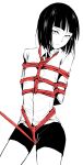  1boy arms_behind_back bangs bdsm bishounen blunt_bangs bob_cut bondage bound bound_arms closed_mouth crotch_rope locon male_focus original red_rope restrained rope shibari simple_background solo spot_color uniform white_background 