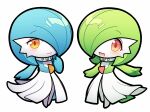  2girls alternate_color bangs blue_hair blue_skin blush bob_cut chibi closed_mouth collar colored_skin commentary eyebrows_visible_through_hair flat_chest full_body gardevoir gen_3_pokemon green_hair green_skin hair_over_one_eye hand_to_own_mouth hand_up happy heart heart_in_eye looking_at_viewer lotosu mega_stone multicolored multicolored_skin multiple_girls open_mouth orange_eyes outstretched_arm outstretched_arms pokemon pokemon_(creature) red_eyes shiny shiny_hair shiny_pokemon short_hair smile standing star_(symbol) star_in_eye symbol_in_eye symmetry two-tone_skin white_skin 