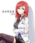  artist_request breasts commentary_request doctor haruichi_(komikal) kneehighs labcoat love_live! love_live!_school_idol_project medium_breasts nishikino_maki older purple_eyes red_hair skirt smile stethoscope 