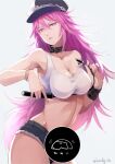  1girl bare_shoulders belt black_choker blue_headwear bracelet breasts censored chain choker cleavage denim denim_shorts final_fight futanari gradient gradient_background grey_background hair_between_eyes hat holding holding_weapon holding_whip jewelry locon long_hair navel newhalf parted_lips pink_hair poison_(final_fight) purple_eyes shiny shiny_skin short_shorts shorts smile solo twitter_username very_long_hair weapon whip 
