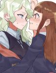  2girls absurdres bangs blonde_hair blue_eyes blunt_bangs blush brown_hair closed_mouth diana_cavendish ear_blush eye_contact face-to-face from_side highres kagari_atsuko little_witch_academia long_hair looking_at_another luna_nova_school_uniform multiple_girls necktie off_shoulder profile red_eyes school_uniform sweatdrop takao_(88499191) teeth upper_body v-shaped_eyebrows wavy_mouth yuri 