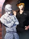  2boys baseball_cap black_shirt blonde_hair colored_skin crossed_arms hair_over_one_eye hat hataraku_saibou highres killer_t_(hataraku_saibou) looking_at_another male_cleavage male_focus military military_uniform multiple_boys partially_unbuttoned pectorals pout shirt short_hair short_sleeves silver_hair standing toned toned_male tsunami_(sorudora) u-1146 uniform white_blood_cell_(hataraku_saibou) white_skin 