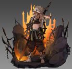  1girl absurdres anchor armor artist_name belt black_nails brown_gloves brown_pants chain character_name copyright_request elbow_pads eungi full_body gloves glowing grey_background hand_up highres horns looking_at_viewer midriff navel pants planted rock sandals sheath sheathed shoulder_armor solo standing sword weapon wheel white_hair 