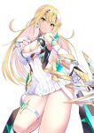  1girl bangs bare_legs bare_shoulders blonde_hair breasts chest_jewel cleavage cleavage_cutout clothing_cutout daive dress earrings elbow_gloves gloves highres jewelry large_breasts long_hair mythra_(xenoblade) short_dress solo swept_bangs thigh_strap tiara very_long_hair white_dress white_gloves xenoblade_chronicles_(series) xenoblade_chronicles_2 yellow_eyes 
