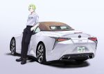  1boy absurdres androgynous black_footwear black_pants car dior ear_piercing green_hair ground_vehicle hand_in_pocket highres lexus long_sleeves motor_vehicle original pants piercing shirt simple_background smirk solo standing taiyaka315 white_background white_shirt 