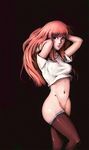  artist_request bottomless breasts covered_nipples ken_marinaris large_breasts long_hair naked_shirt navel pink_hair red_eyes shirt solo t-shirt thighhighs zone_of_the_enders zone_of_the_enders_2 