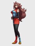  1girl android_21 asymmetrical_footwear blue_eyes blue_footwear breasts checkered checkered_dress dragon_ball dragon_ball_fighterz dress full_body glasses grey_background kemachiku large_breasts long_hair looking_at_viewer mismatched_footwear red_footwear red_hair simple_background solo standing 