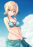  1girl bikini blonde_hair blue_sky braid braided_bangs braided_bun breasts centi_mnkt cloud cowboy_shot day hair_ornament hairclip highres kantai_collection medium_breasts official_alternate_costume outdoors perth_(kancolle) purple_eyes sarong sky solo striped striped_bikini swimsuit 