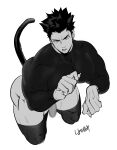  1boy absurdres animal_ears ass bara beard blue_eyes boku_no_hero_academia cat_boy cat_ears cat_tail censored covered_nipples cropped_legs facial_hair fingernails flaccid from_above highres kemonomimi_mode large_pectorals male_focus mature_male mosaic_censoring muscular muscular_male n9poison no_pants paw_pose pectorals scar scar_across_eye sharp_fingernails shirt short_hair sideburns skin_tight solo spiked_hair spot_color tail tail_raised taut_clothes taut_shirt thick_thighs thighhighs thighs todoroki_enji 