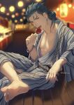  1boy abs alternate_costume artist_name bangs barefoot bench blue_hair blurry blurry_background candy_apple collarbone commentary_request cu_chulainn_(fate)_(all) cu_chulainn_(fate/stay_night) depth_of_field earrings eating fangs fate/stay_night fate_(series) food from_side japanese_clothes jewelry kimono looking_at_viewer male_focus medium_hair mondi_hl night pectorals ponytail red_eyes ring sitting solo yukata 