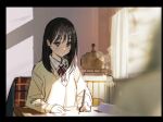  1girl bangs black_hair blush brown_eyes classroom closed_mouth collared_shirt curtains desk dress_shirt highres holding holding_pen indoors long_hair long_sleeves looking_down neck_ribbon original pen red_neckwear red_ribbon ribbon school_uniform shirt sitting sketch solo utaka_(anyoanyot) white_shirt window writing yellow_shirt 