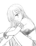  1girl blush bra bracelet breasts cleavage closed_mouth elizabeth_liones from_side greyscale hair_over_one_eye harumiya jewelry leaning_forward long_hair medium_breasts monochrome nanatsu_no_taizai signature simple_background sitting sketch smile solo strapless strapless_bra underwear very_long_hair white_background 