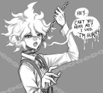  1boy arm_up bangs chain collar collared_shirt danganronpa_(series) danganronpa_2:_goodbye_despair english_commentary english_text fangs grey_background greyscale komaeda_nagito long_sleeves looking_at_viewer male_focus messy_hair metal_collar monochrome neck_ribbon open_mouth ribbon shirt simple_background solo speech_bubble suspenders upper_body vampire yandr4hope 