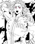  1girl :d arm_behind_back arm_up dorohedoro ear_piercing earrings english_text framed greyscale highres jacket jewelry long_hair monochrome noboriis_apj noi_(dorohedoro) open_mouth piercing red_eyes smile solo splatter spot_color track_jacket wavy_hair 