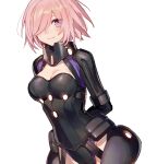  1girl armor armored_leotard arms_behind_back bangs black_armor black_leotard breasts chocoan commentary fate/grand_order fate_(series) hair_over_one_eye highleg highleg_leotard highres large_breasts leotard light_purple_hair looking_at_viewer mash_kyrielight ortenaus purple_eyes short_hair smile solo 