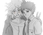  2boys :d bangs blush collarbone danganronpa_(series) danganronpa_2:_goodbye_despair english_commentary eyebrows_visible_through_hair greyscale hinata_hajime jacket komaeda_nagito looking_at_viewer male_focus mechanical_arms messy_hair monochrome multiple_boys necktie open_clothes open_jacket open_mouth shirt simple_background single_mechanical_arm smile spiked_hair upper_body upper_teeth v yandr4hope 