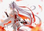  1girl antenna_hair back bare_shoulders black_gloves boots earrings fire flaming_sword flaming_weapon gloves hair_ornament highres holding holding_sword holding_weapon honkai_(series) honkai_impact_3rd jewelry kiana_kaslana kiana_kaslana_(herrscher_of_flamescion) long_hair mi_(27782900) ponytail simple_background solo star_(symbol) sword thigh_boots thighhighs weapon white_background white_footwear white_hair 